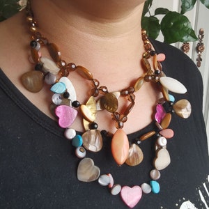 3Rows Brown freshwater pearl,mop,shell,Beaded Necklace,Statement knotted Necklace,18&quot; -02