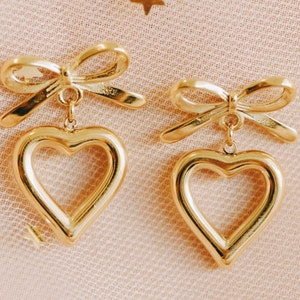 DITTO Earrings/ dangle earrings, heart bow, dainty, gold dangles, silver dangles