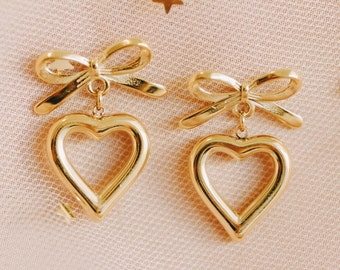 DITTO Earrings/ dangle earrings, heart bow, dainty, gold dangles, silver dangles