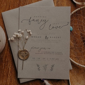 Nada extravagante, apenas amor, convite de recepção, Etsy, faça você mesmo, detalhes do casamento, cartão, anúncio de fuga, convites de casamento, flores silvestres