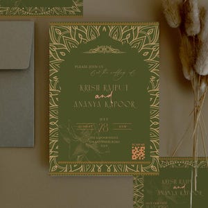 Vibrant Wedding Invitation Invitaciones de Boda Etsy Unique Hindu Mehndi Sikh Invite Rehearsal Dinner Save the Date Details Card Green Gold