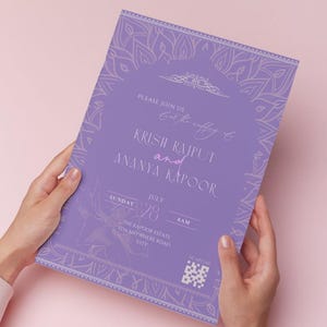 May include: A lavender wedding invitation with ornate floral and geometric designs. The invitation includes the names Krish Rajput and Ananya Kapoor, along with the date and time. The text "Gomez Family Designs" is at the bottom.