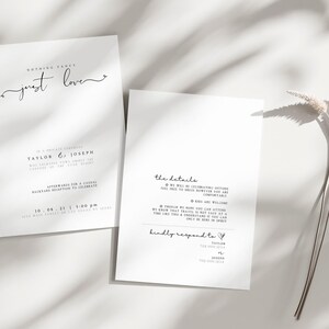 May include: A minimalist wedding invitation with the text "Nothing fancy just love" and details about the ceremony and reception. The invitation is printed on white cardstock and features a simple, modern design.