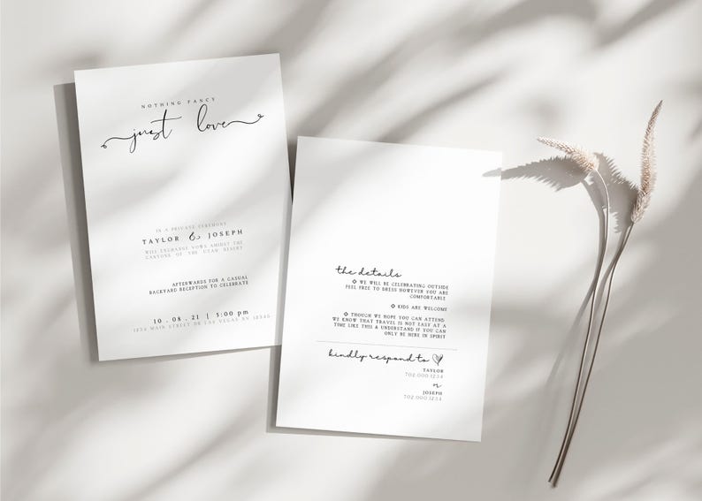 May include: A minimalist wedding invitation with the text "Nothing fancy just love" and details about the ceremony and reception. The invitation is printed on white cardstock and features a simple, modern design.