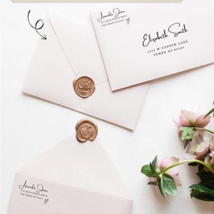 May include: Two white envelopes with gold wax seals. The top envelope has the text "Elizabeth Smith" and an address. The bottom envelope has the text "Amanda Jones" and an address. Both envelopes have a heart symbol.