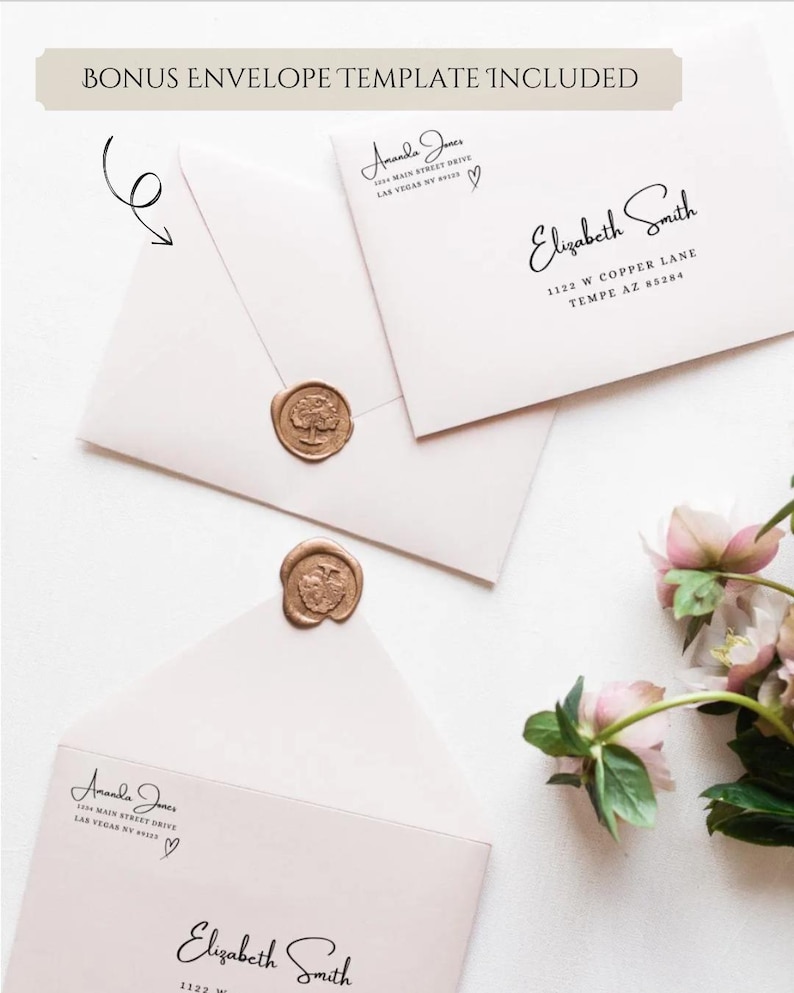May include: Two white envelopes with gold wax seals. The top envelope has the text "Elizabeth Smith" and an address. The bottom envelope has the text "Amanda Jones" and an address. Both envelopes have a heart symbol.