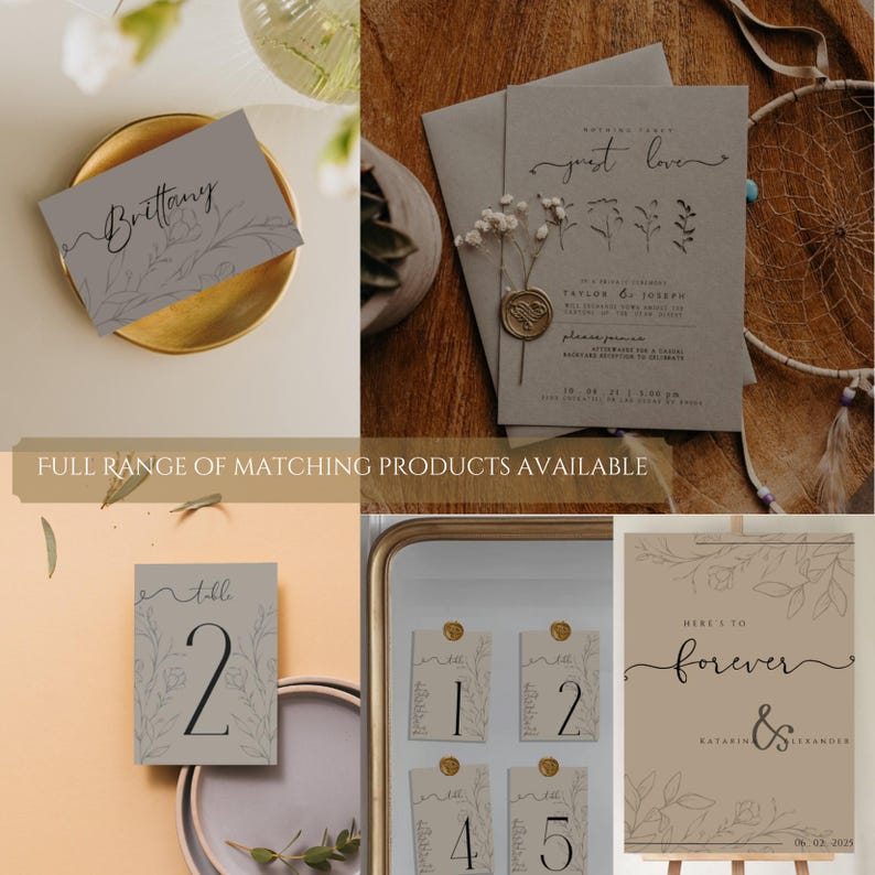 May include: A set of wedding stationery with a botanical theme. The invitation features the text "just love" in cursive script with a floral design. The table number card features the text "table 2" with a floral design. The place card features the text "1" with a floral design. The sign features the text "Here's to forever &" with a floral design.
