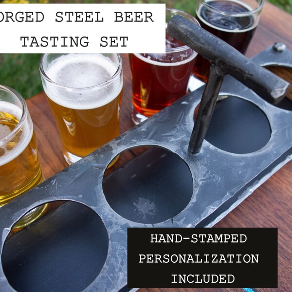 Personalized Forged Steel Beer Flight Set, 4 Beer Tasting Glasses, Custom Beverage Tray, Beer Paddle, Beer Sampler,Beer Flight Paddle, Craft