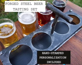 Personalized Forged Steel Beer Flight Set, 4 Beer Tasting Glasses, Custom Beverage Tray, Beer Paddle, Beer Sampler,Beer Flight Paddle, Craft
