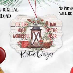 It&#39;s The Most Wonderful Time of the Year Wreath and Lantern Benelux Ornament Sublimation Template- Digital Download
