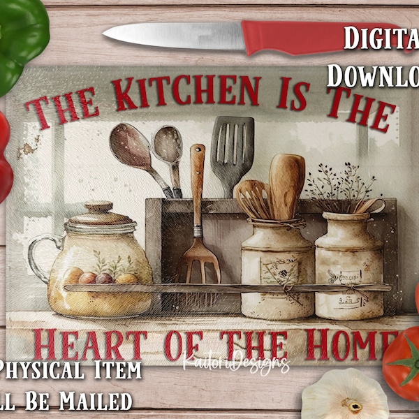 The Kitchen Is The Heart Of The Home Vintage Country Style Cutting Board Sublimation Design Template- Digital Download