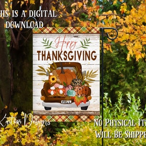 Happy Thanksgiving Gnome Truck Plaid Pumpkins Garden Flag Sublimation Design Template- Digital Download