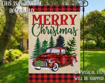 Merry Christmas Red Truck Buffalo Plaid Garden Flag Sublimation Design Template- Digital Download