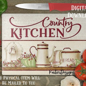May include: A digital download of a kitchen cutting board design featuring a country kitchen theme. The design includes a red and white checkered tablecloth, a white pitcher, a red bread box, and the text "Country Kitchen".