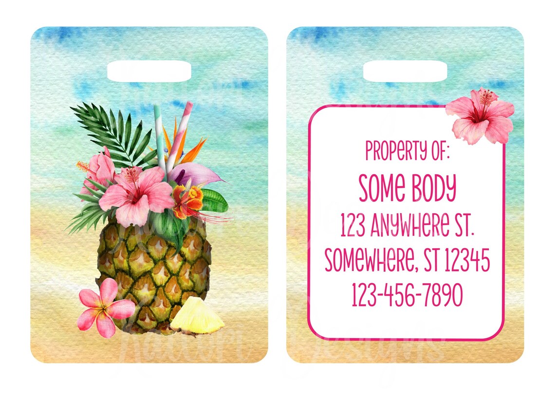 Watercolor Pineapple Cocktail Luggage Tag Sublimation Design | Etsy