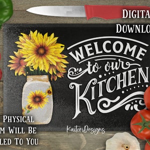 Benvenuti nella nostra cucina Vaso di girasole Lavagna Tagliere Modello di progettazione per sublimazione - Download digitale