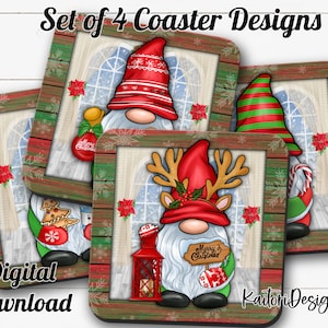 Zestaw szablonów do sublimacji podstawek pod kubki z motywem krasnali świątecznych - zestaw 4 sztuk - pobieranie cyfrowe