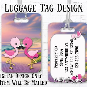 Flamingos on Beach Luggage Tag Sublimation Design Template- Digital Download