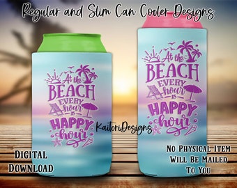 Happy Hour Beach Summer Regular and Slim Can Cooler Sublimation Design-Digital Download