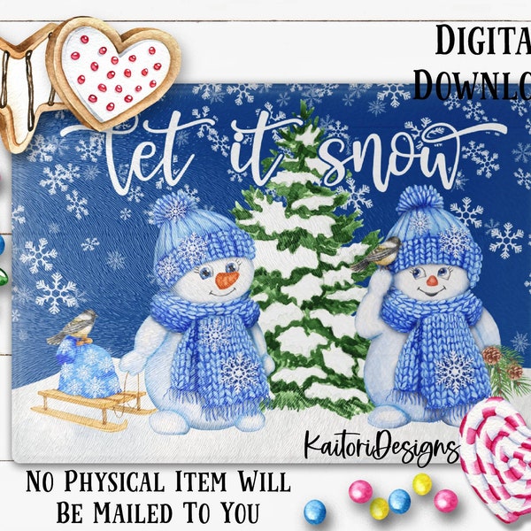 Let It Snow Blue Snowmen Cutting Board Sublimation Design Template- Digital Download
