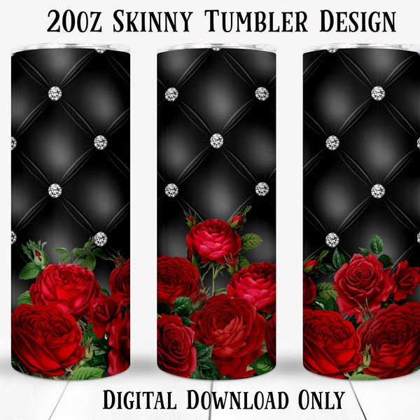 Diamond Tufted Black Cushion and Red Roses 20oz Skinny Tumbler Sublimation Design-Digital Download