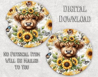 Highland Kuh Sonnenblumen Auto Untersetzer Sublimation Design Vorlage - Digitaler Download