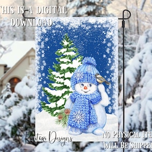 Snowman and Bird in Winter Garden Flag Sublimation Design Template- Digital Download