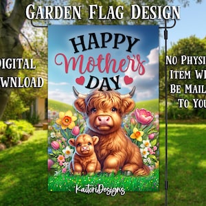 Feliz Día de la Madre Highland Cow Mamá y Bebé Jardín Bandera Sublimación Diseño-Descarga Digital