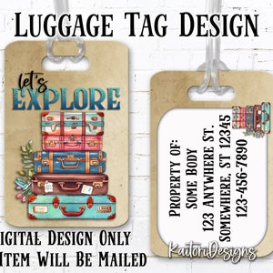 Let&#39;s Explore Vintage Stacked Suitcases Luggage Tag Sublimation Design Template- Digital Download