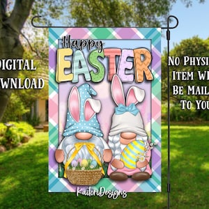 May include: A digital download of a Happy Easter garden flag featuring two gnomes dressed in pastel colors and holding Easter eggs. The flag has a plaid background with the words "Happy Easter" in colorful letters.