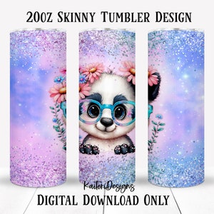 Cute Panda with Glasses Floral Glitter 20oz Skinny Tumbler Sublimation Design-Digital Download