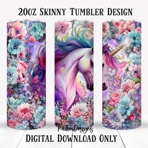 Unicorn and Flowers Skinny Tumbler Sublimation Design-Digital Download