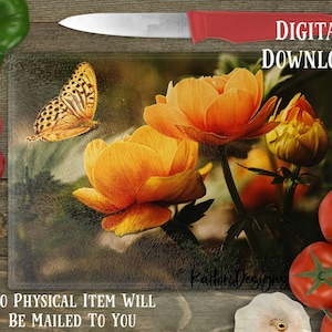Butterfly and Orange Flowers Cutting Board Sublimation Design Template- Digital Download