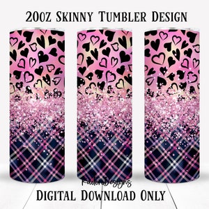 Pink and Black Hearts and Plaid Glitter 20oz Skinny Tumbler Sublimation Design-Digital Download