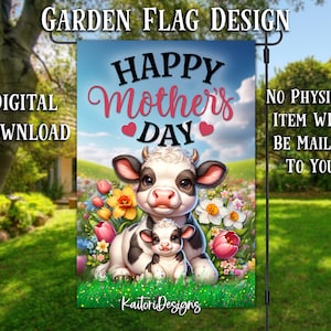 Feliz Día de la Madre Vaca Mamá y Bebé Jardín Bandera Sublimación Diseño-Descarga Digital
