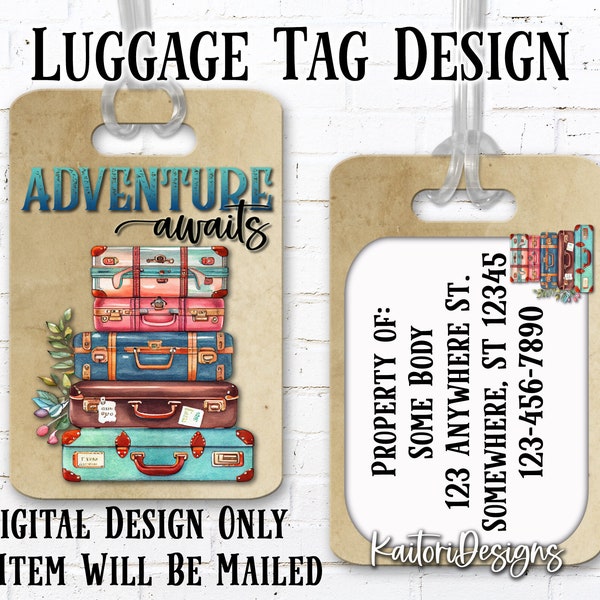 Adventure Awaits Vintage Stacked Suitcases Luggage Tag Sublimation Design Template- Digital Download
