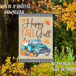 Happy Fall Y'all Blue Truck and Pumpkins Buffalo Plaid Garden Flag Sublimation Design Template- Digital Download