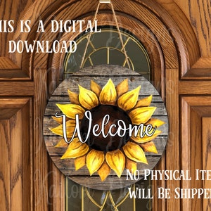 Sunflower on Wood Welcome Round Door Hanger Sublimation Design- Digital Download