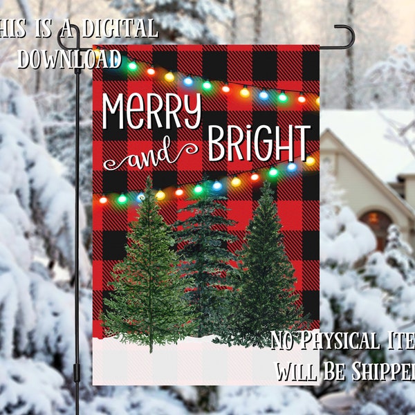 Merry and Bright Buffalo Plaid Christmas Trees and Lights Garden Flag Sublimation Design Template- Digital Download