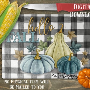 Hello Fall Buffalo Check Blue Harvest Pumpkins Cutting Board Sublimation Design Template- Digital Download