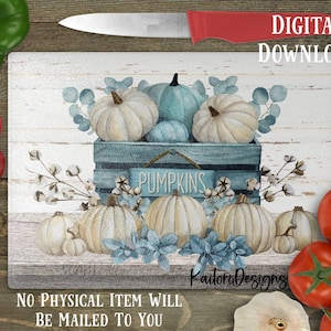 Blue and White Pumpkin Basket on Shelf Cutting Board Sublimation Design Template- Digital Download