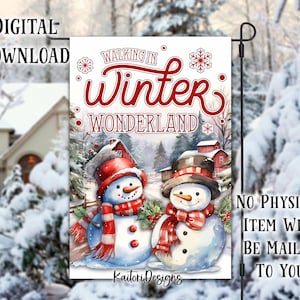 Gehen in einem Winter-Wunderland-Schneemänner-Garten-Flaggen-Flaggen-Design-Vorlage - digitaler Download