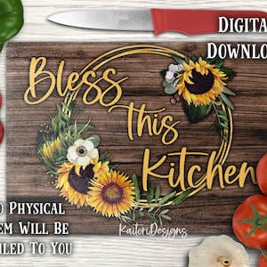 Bless This Kitchen Sunflowers on Dark Wood Cutting Board Sublimation Design Template- Digital Download