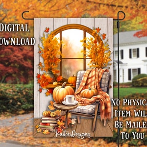 Cozy Fall Chair and Window Scene Garden Flag Sublimation Design Template- Digital Download