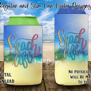 Beach Life Regular and Slim Can Cooler Sublimation Design-Digital Download