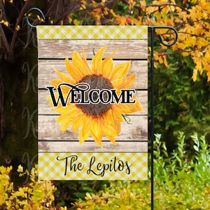 Sunflower Yellow Gingham Welcome Personalization Garden Flag Sublimation Design-Digital Download