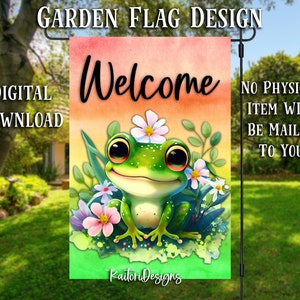 May include: A green frog with big eyes and a friendly smile sits in a bed of pink and white flowers. The background is a watercolor-style gradient of orange, yellow, and green. The text "Welcome" is written in black cursive above the frog. The text "Kaitori Designs" is written in white at the bottom of the image.