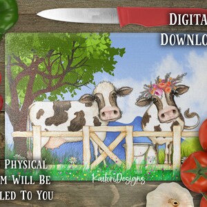 Due mucche nel modello di progettazione a sublimazione del tagliere del prato - Download digitale