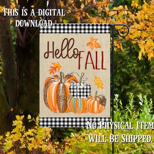 Hello Fall Buffalo Plaid Garden Flag Sublimation Design Template- Digital Download