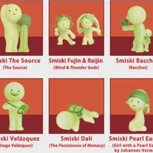 May include: A selection of six Smiski figurines, each with a distinctive pose and design. The figurines are a pale green colour and are displayed against a red background. Each figurine is labelled with its name and a description.